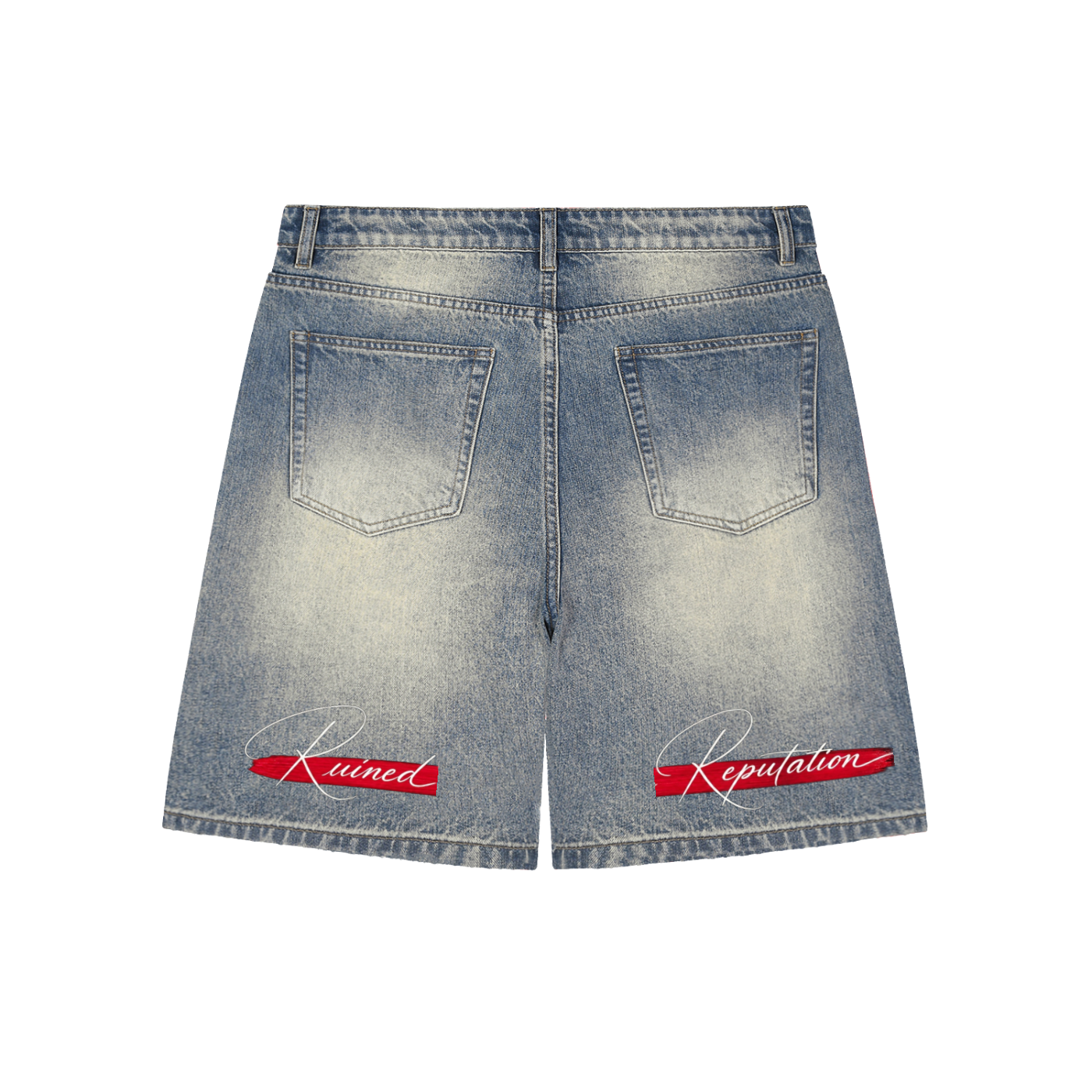 “Red Stripe” Faded Distressed Baggy Denim Shorts